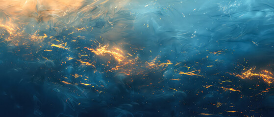 Obraz premium Shiny, glowing background with blue swirl of smoke, golden dust, shimmer, particles. Steam effect. Smoky mockup for celebrating. Generative ai