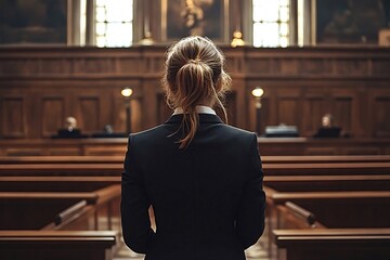 Confident female lawyer delivers closing arguments in wood-paneled courtroom, embodying professionalism and expertise. Law, justice, legal system, courtroom drama