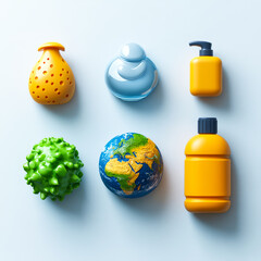 3D Icon Set for Global Handwashing Day: Globe, Handwash, and Germs Symbols in a Clean, Modern Design