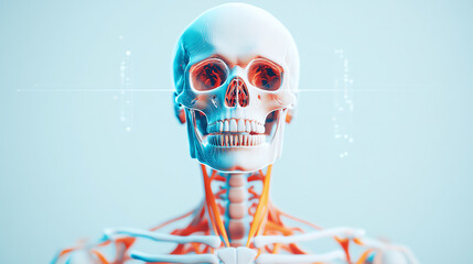 Detailed anatomical model of a human skeleton showcasing bones and muscles against a blue backdrop. Ideal for educational and medical purposes.