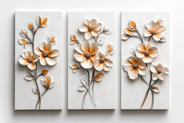 Oil paintings artwork, floral spring summer triptych, blooming flowers