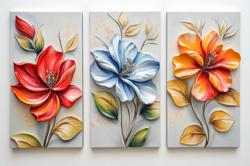 Oil paintings artwork, floral spring summer triptych, blooming flowers
