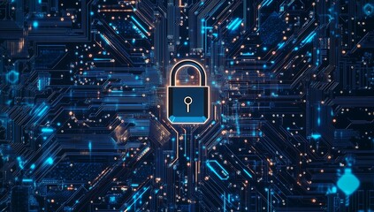 Cyber security concept with illuminated lock on electronic motherboard representing online privacy.Generative AI
