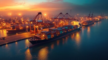 Fototapeta premium Aerial View of Bustling Cargo Port at Sunset with Illuminated Cranes and Container Ships Reflecting on Calm Water Surface