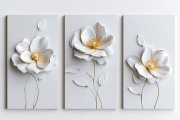 Oil paintings artwork, floral spring summer triptych, blooming flowers