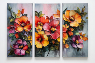 Oil paintings artwork, floral spring summer triptych, blooming flowers
