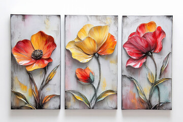 Oil paintings artwork, floral spring summer triptych, blooming poppy flowers