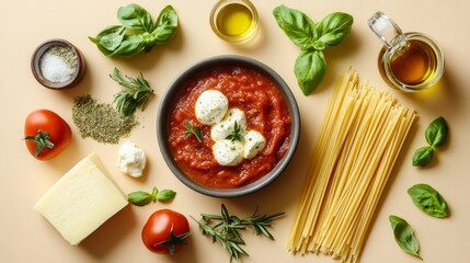 A bowl of tomato sauce with mozzarella cheese, surrounded by spaghetti, olive oil, tomatoes, rosemary, basil, salt, and parmesan cheese on a beige background.