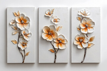 Oil paintings artwork, floral spring summer triptych, blooming flowers