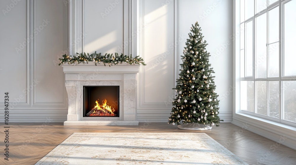 Fototapete Christmas tree standing beside a fireplace in an empty room with white rug in front. High-quality photography and photorealistic rendering capture the serene holiday setting.