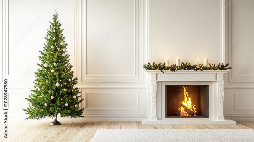 Fototapete Christmas tree standing beside a fireplace in an empty room with white rug in front. High-quality photography and photorealistic rendering capture the serene holiday setting.