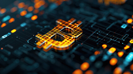 Futuristic financial screen displaying glowing Bitcoin symbol amidst digital network, representing blockchain technology and cryptocurrency innovation