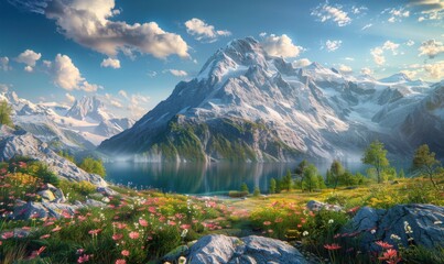 Rocky mountain peak with alpine meadows and a glacial lake, 4K hyperrealistic photo