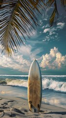 Fototapeta premium Surfboard on the beach, 4K hyperrealistic photo