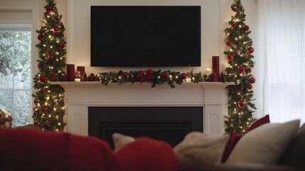 A flat-screen TV mounted above the fireplace in a bright daylight Christmas living room, decorated in red and white tones.