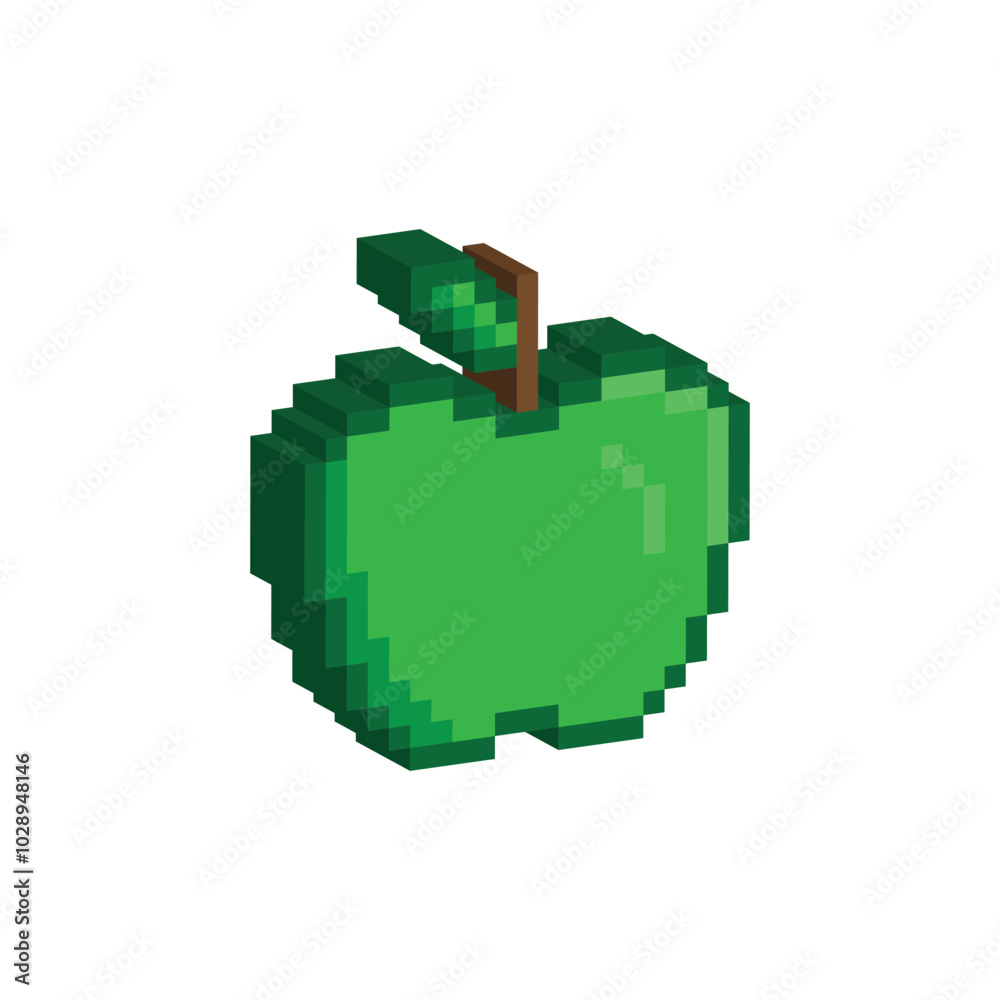 Poster isometric 3d pixel apple icon vector pixel element for game 8 bit