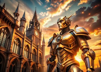 Fototapeta premium Golden Mech Robot in Front of Medieval Architecture - Futuristic Meets Historical