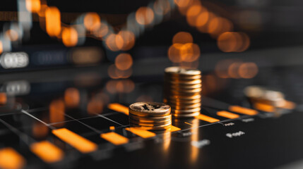 Investing in financial technology is crucial for modern markets. This showcases stacked coins on digital display, symbolizing growth and innovation in finance