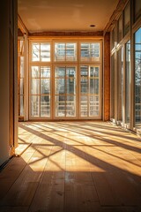 Obraz premium Sunlit Modern Interior with Large Windows and Wooden Flooring in a Cozy Room