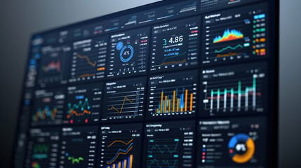 Futuristic stock trading dashboard displaying modern graphs and analytics, showcasing various financial metrics and data visualizations. interface is sleek and user friendly, ideal for traders