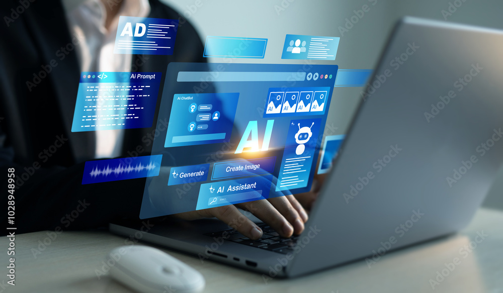 Poster Image generator, documents, marketing and advertising, bot writing and coding.Interaction with the Ai assistant to solve some tasks more easily. Person using laptop with Ai Content Generator.