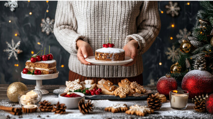 Naklejka premium cozy holiday baking scene featuring person holding festive cake adorned with cherries, surrounded by cookies, candles, and Christmas decorations, evoking warmth and joy