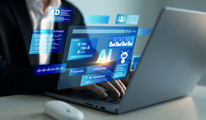 Image generator, documents, marketing and advertising, bot writing and coding.Interaction with the Ai assistant to solve some tasks more easily. Person using laptop with Ai Content Generator.