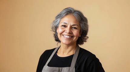 A smiling woman in a gray apron stands against a warm beige wall, showcasing her joy and confidence in a welcoming environment