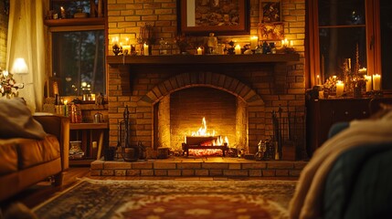 Obraz premium Close-up view of a brick fireplace with a full-screen focus, surrounded by a cozy house interior. Warm reflections from candles flicker on the walls, adding a comforting glow.