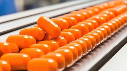 Orange capsules on a production line, focus on pharmaceutical manufacturing
