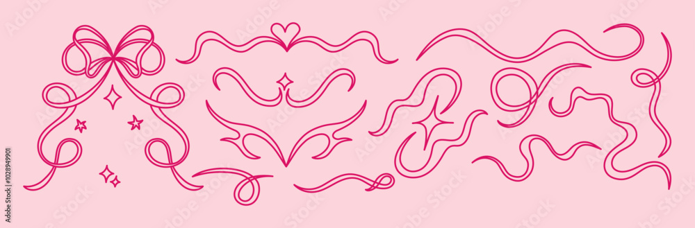 Poster Vector abstract hand-drawn illustration in simple linear minimal style, decorative frames for prints, invitations, cards with bows and ribbons
