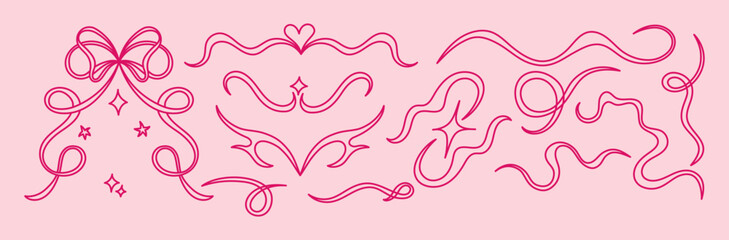 Obraz premium Vector abstract hand-drawn illustration in simple linear minimal style, decorative frames for prints, invitations, cards with bows and ribbons 