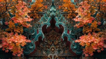 Symmetrical Balance of Thai Pattern with Autumn Leaves