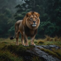 A majestic lion stands on a rock in a lush forest, its mane flowing in the wind.