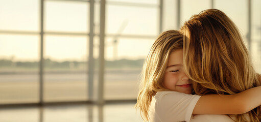 parent hugging their child in warm and loving embrace at airport, capturing moment of joy and connection. sunlight creates serene atmosphere, enhancing emotional bond