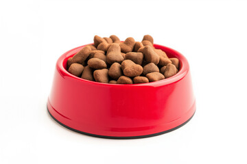Dry dog food in a red bowl against a white background, showcasing brown kibble pieces in a simple, clean presentation