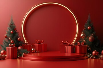 3D Render Christmas podium with Christmas Trees, and Gift Boxes background