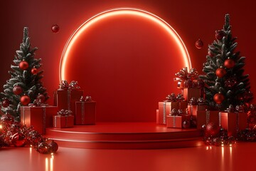 3D Render Christmas podium with Christmas Trees, and Gift Boxes background