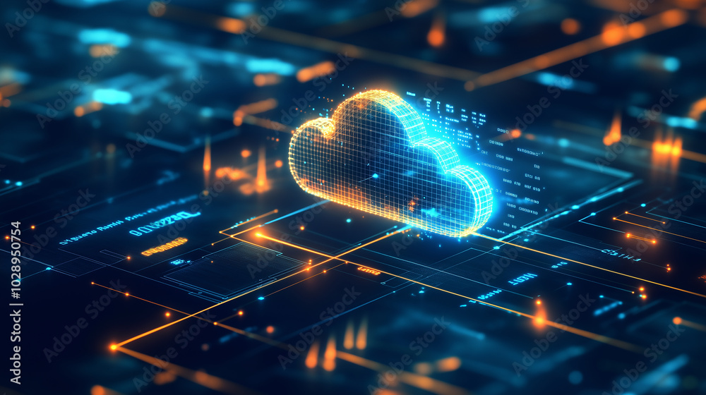Poster cloud computing:digital informational technology web futuristic hologram with cloud icon, golden blu