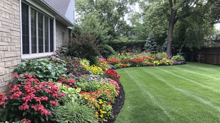 Obraz premium Vibrant Manicured Lawn with Beautiful Flowers