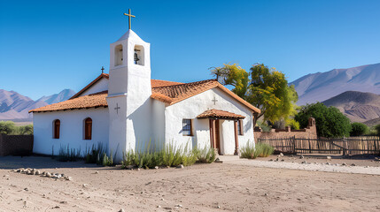 A small, whitewashed adobe church sits in a desert landscape against a backdrop of mountains.