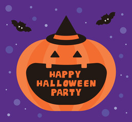 The fall season Halloween concept features a bat in the background, a pumpkin character wearing a hat, and 'Happy Halloween Party' typography.