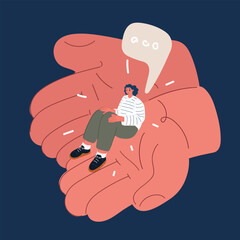 Cartoon vector illustration of a woman sitting in hands, symbolizing care, protection, and support over dark background