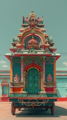 This vibrant chariot beautifully decorated with intricate patterns and colors stands ready for the Ratha Yatra festival. The minimalistic backdrop emphasizes its artistic details