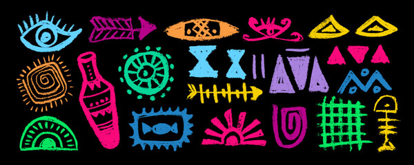 Set of Mexican, Aztec colorful  sign and symbols. Abstract aztec totem idols, ancient inca maya civilization primitive traditional signs. Vector ornament of native americans, aztecs, maya, incas.