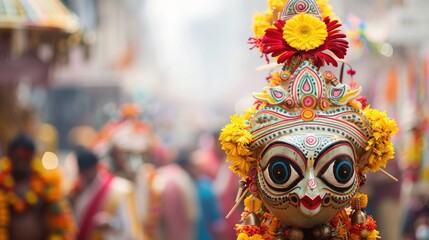 Obraz premium Devotees gather in a bustling street celebrating Ratha Yatra with vibrant decorations and an intricately adorned idol surrounded by floral arrangements evoking a festive atmosphere