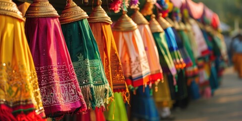 Naklejka premium Vibrant and intricately designed traditional garments hang in a row showcasing their rich colors and patterns during the Ratha Yatra festival inviting viewers to explore cultural heritage