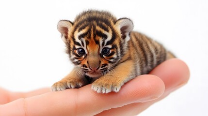 Cute Miniature Tiger Cub in Palm and Fingertip, Photo Realistic, Texture, Pattern Background, Wallpaper, Cover and Screen for Smartphone, PC, Laptop, 9:16 and 16:9 Format