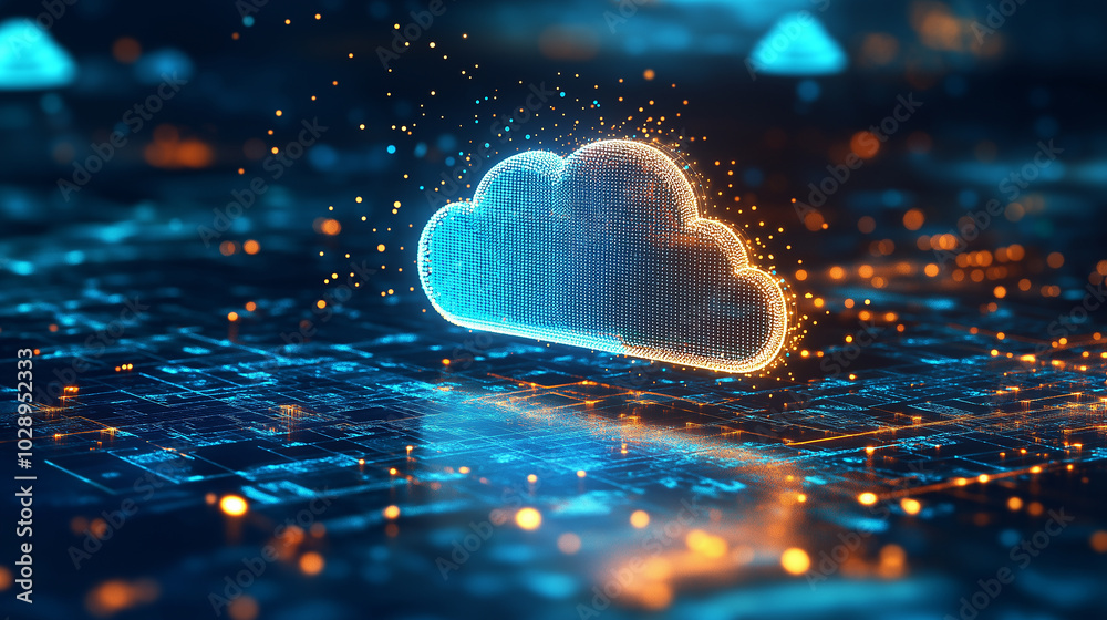 Poster cloud computing:digital informational technology web futuristic hologram with cloud icon, golden blu