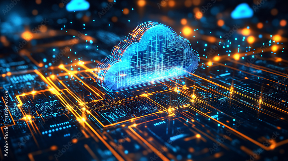 Poster cloud computing:digital informational technology web futuristic hologram with cloud icon, golden blu